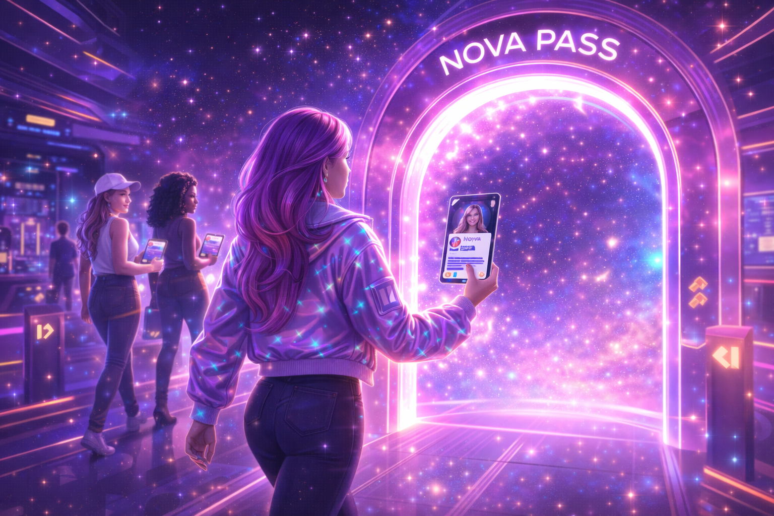 Futuristic portal with glowing effects. Nova Pass creator identity platform dashboard